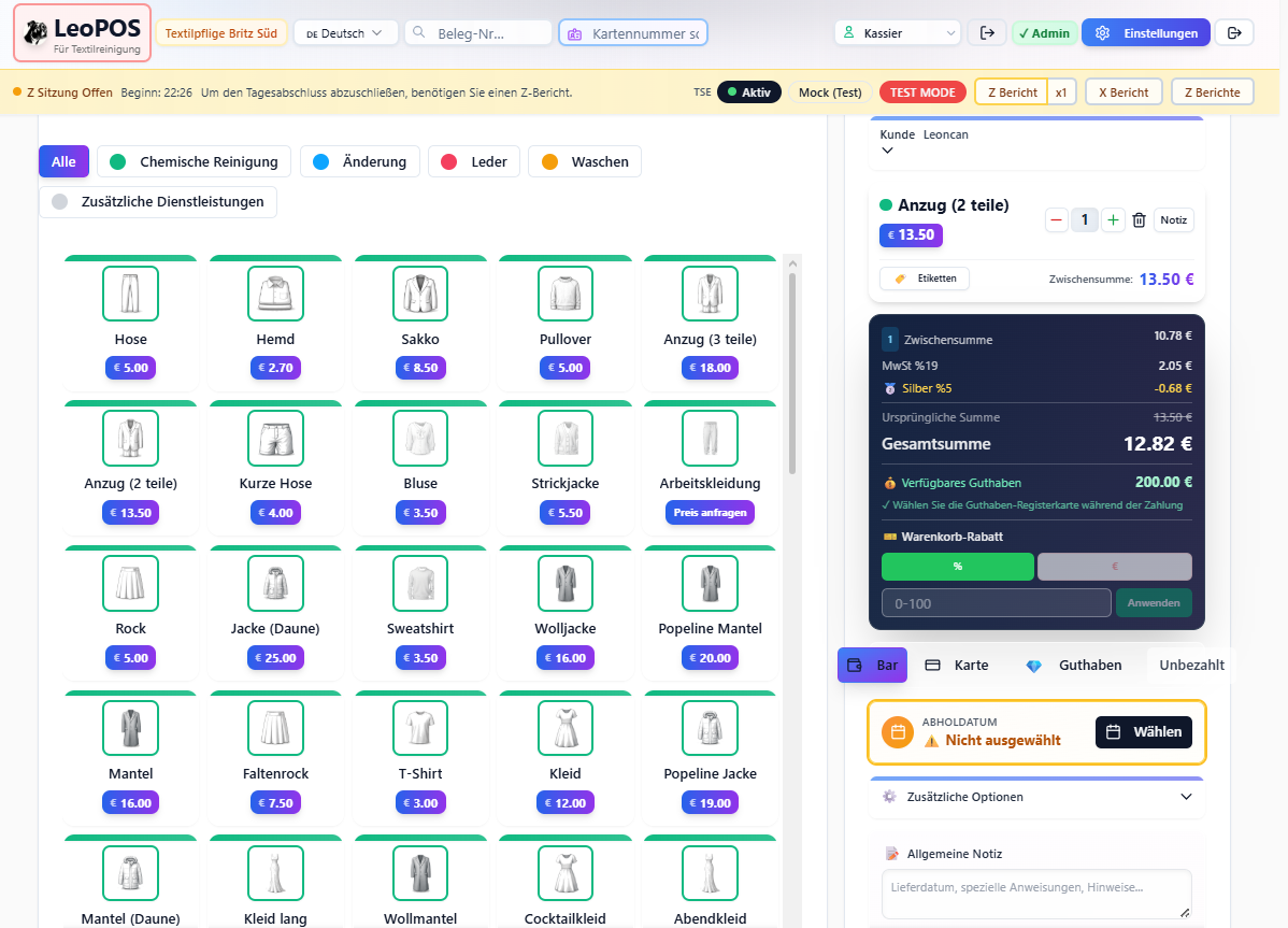 LeoPOS interface showing point of sale system for dry cleaning with receipt management, inventory tracking and customer database